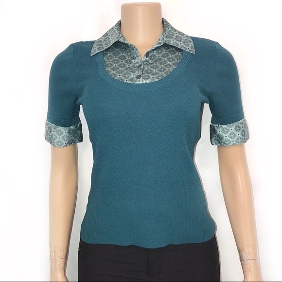 90s LOFT Knit Short Sleeve Top Satin layered Twofer Teal Burgundy size XS - Picture 1 of 10